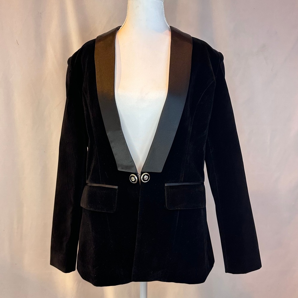 Unbranded Women 2XL Blazer Black Velvet Satin Lapel Tuxedo Jacket Dark Academia